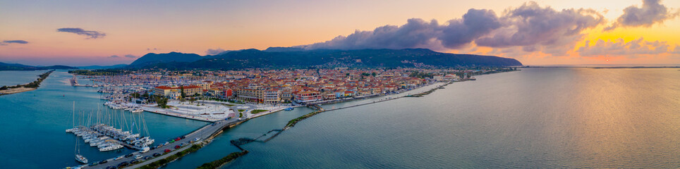 Lefkas (Lefkada) town, amazing view at the small marina for the fishing boats with the nice wooden bridge and promenade, Ionian island, Greece