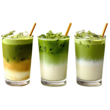 Three iced matcha latte drinks in clear glasses with straws, showing layered green tea and milk.