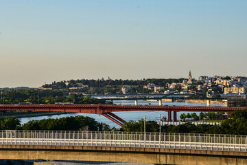 Belgrade bridges. Old and New Belgrade are connected across the Sava River. Panorama of the city in...