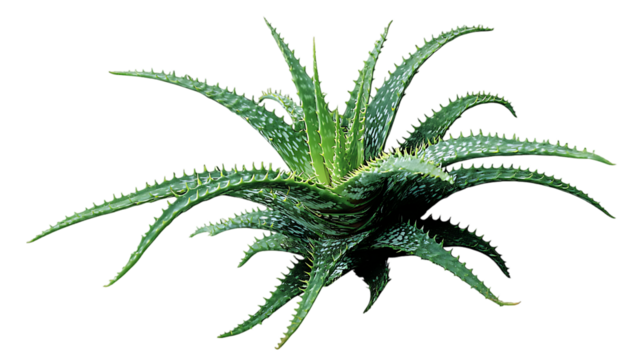 Lush green aloe vera plant with spiky leaves against a black background