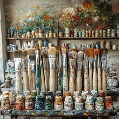 Paint-stained brushes in creative workspace High Resolution Picture