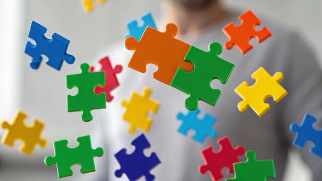 Colorful puzzle pieces floating in the air with a blurred person in the background.
