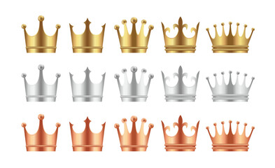 Crown icon illustration set (gold, silver, bronze)
