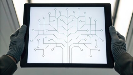 A pair of gloved hands holds a tablet displaying a circuit board design that resembles a tree.