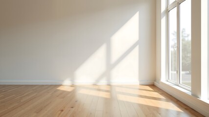 Obraz premium Empty studio room with wooden floor illuminated by sunlight. Minimalistic interior, free space for design 