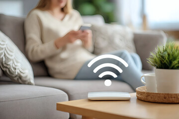 A woman using smartphone with Wi-Fi icon. Communication concept