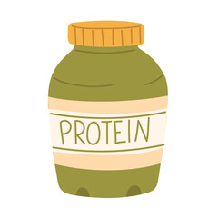 plastic jar of protein. Supplements food for training. Flat color isolated illustration. It is suitable for applications, websites, blogs about training, yoga, health, rehabilitation, active lifestyle