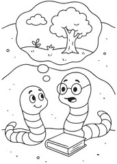 Coloring book worm wearing glasses and holding a book smiles and talks to another worm