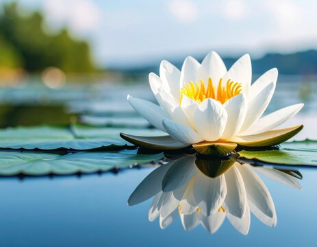 Serene white water lily floating on a tranquil lake