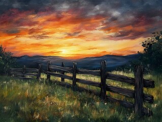 Obraz premium Peaceful Morning Scene Featuring a Fence at Golden Sunrise Light, sunset over the fence