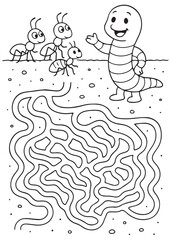 Coloring book worm stands above ground, gesturing towards a complex maze below,