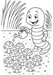 Coloring book worm happily waters a patch of mushrooms with a watering can, with tall grass in the background.