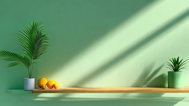 Serene Minimalist Room Decor: Wooden Shelf with Plants and Citrus Fruits against a Light Green Wall