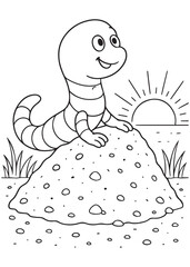 Coloring book worm stands atop a mound of dirt, smiling widely as the sun rises in the background