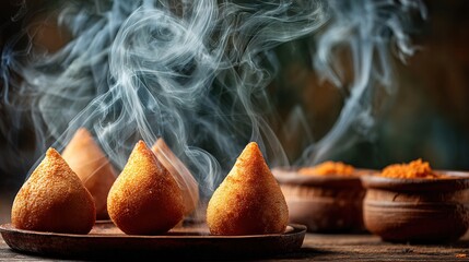 Steaming hot coxinhas brazilian snack food