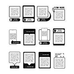 Scan qr code. Scan QR code flat icon with phone. Qr Code template for mobile app, payment and discounts. Barcode. Mobile payment and quick response codes. Scan me with smartphone. Vector illustration