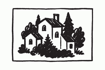 Village house sketch black on white vector illustration