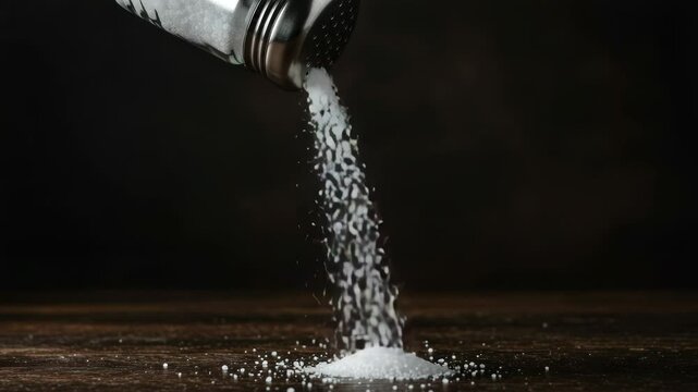Salt pouring from shaker on dark wooden surface