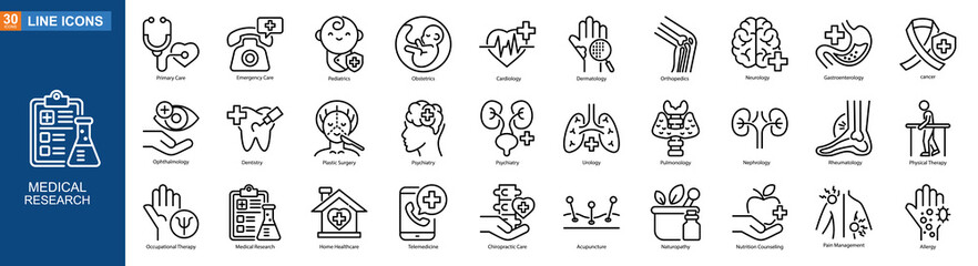 Health Service icon collection line style, Primary Care, Emergency Care, Pediatrics, Obstetrics, Cardiology, Dermatology, Orthopedics, Neurology, Vector illustration