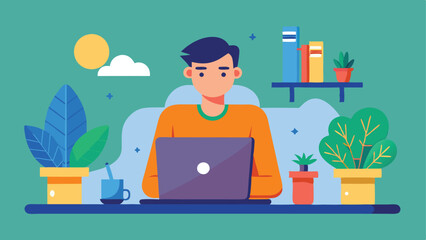 Man with Laptop Surrounded by Plants, Books, and Natural Elements Illustration