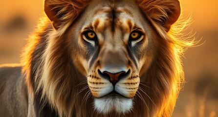 Naklejka premium Majestic lion portrait with intense golden eyes and sunlit mane