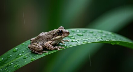 Obraz premium Small Brown Frog on a Rain Covered Green Leaf