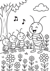 Coloring book cricket conducts a happy insect choir composed of three little insects, singing joyfully in a field of flowers.