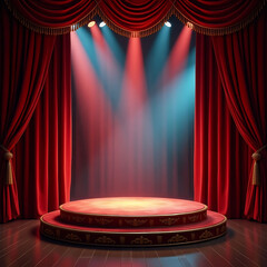 elegant high quality, Circus stage podium background 3D carnival light red show curtain