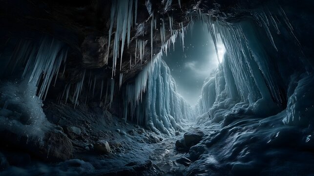 Frozen waterfall in deep cavern nature photography