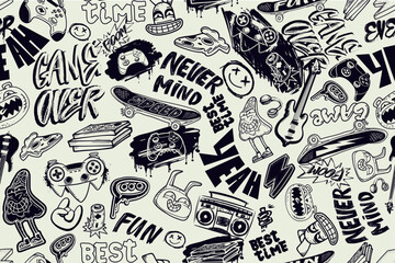 Doodle ornament with gaming, music, teenagers elements for sport school textile, wrapping paper. Monochrome print with game pad, pizza, street art graffiti words, guitar, rabbit, bear, skateboard