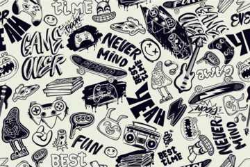 Gordijnen Skateboard Doodle ornament with gaming, music, teenagers elements for sport school textile, wrapping paper. Monochrome print with game pad, pizza, street art graffiti words, guitar, rabbit, bear, skateboard  © Kseniia Koval