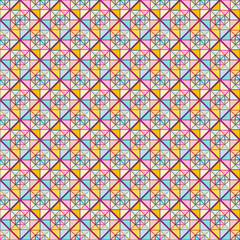 Colorful Geometric Mosaic Pattern, Seamless Abstract Star and Triangle Design for Textile, Stationery, Ceramic Tiles, and Digital Use. Perfect for Modern Decor, Craft Projects, and Fashion Prints