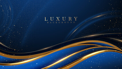 Luxury abstract golden background with glitter light effect decoration on blue backdrop.