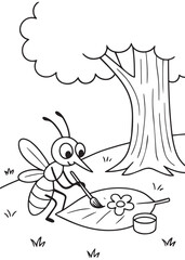 Coloring book mosquito happily paints a tiny flower on a leaf, with a pot of paint beside it, under a tree.