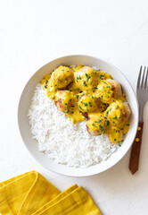 Meatballs in curry sauce with rice. Healthy food. Recipe.