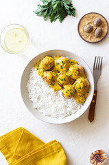 Meatballs in curry sauce with rice. Healthy food. Recipe.