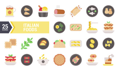 25 Flat Icons of Classic Italian Food Dishes.