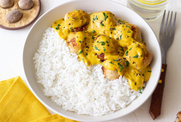Meatballs in curry sauce with rice. Healthy food. Recipe.