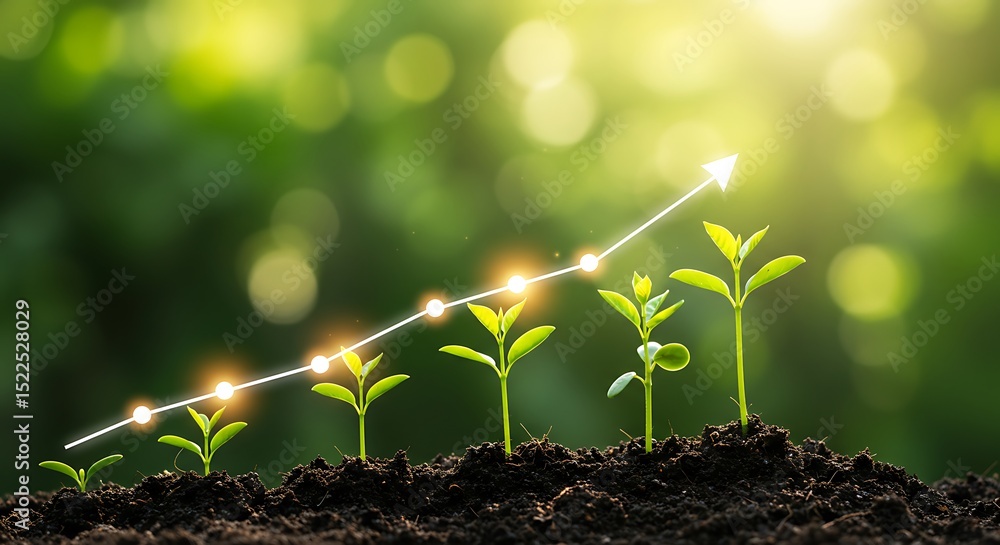Poster financial growth chart with rising trends and data points on a dark blue bokeh background with glowi