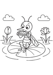 Coloring book mosquito happily plays a harmonica while sitting on a lily pad, surrounded by blooming flowers.