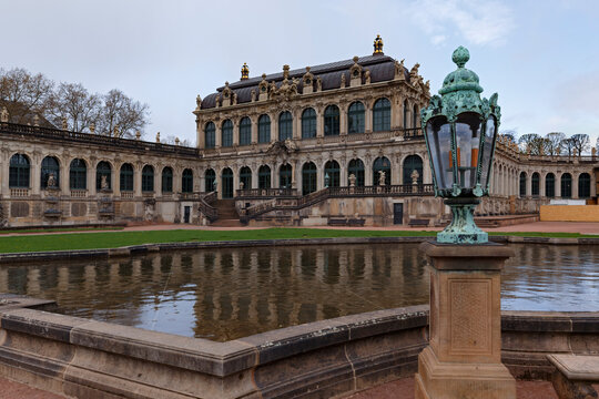 Zwinger Palace architecture and reflection in Dresden