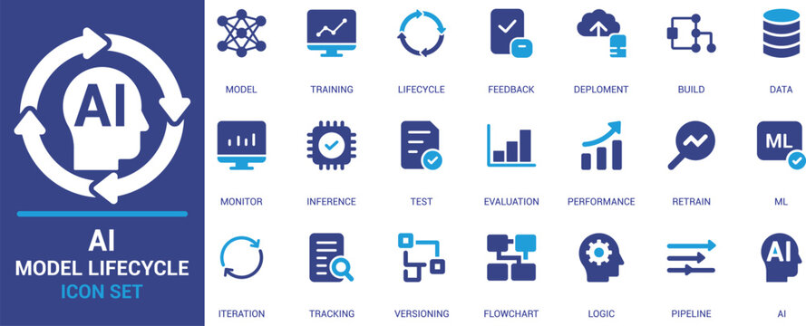 Modern AI model lifecycle icons including training, inference, versioning, tracking, testing, and deployment. Perfect for machine learning, AI tools, and tech projects.
