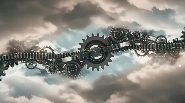 A surreal landscape featuring interlocking gears and cogs floating among dramatic clouds, symbolizing innovation
