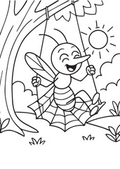 Coloring book mosquito swings on a spiderweb swing under a tree,
