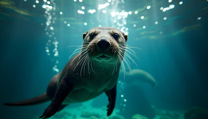 A playful otter swimming underwater with bubbles and light creating a whimsical scene