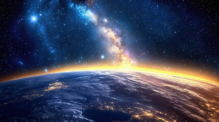 Earth seen from space, with a vibrant galaxy background.