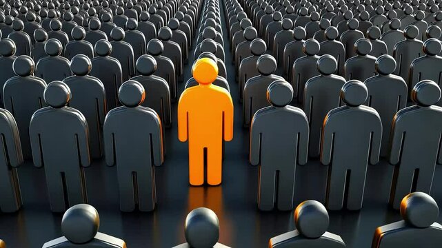 One orange figure stands out in a large crowd of identical gray figures, symbolizing uniqueness and individuality