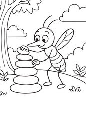 Coloring book mosquito meticulously stacks smooth, round stones into a tall tower beside a tree