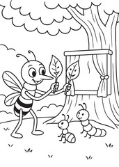 Coloring book mosquito stages a leaf-puppet show for an ant and caterpillar beneath a grand tree