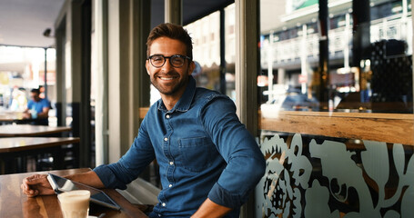 Customer, man and smile with portrait at cafe for coffee break, surfing internet and remote work. Freelancer, person and happy with digital tablet at bistro for networking, email and online research